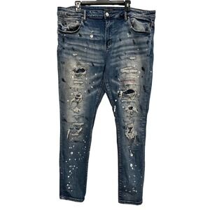 Embellish NYC Mens 42 Distressed Paint Splatter Patchwork Slim Jeans Blue 738